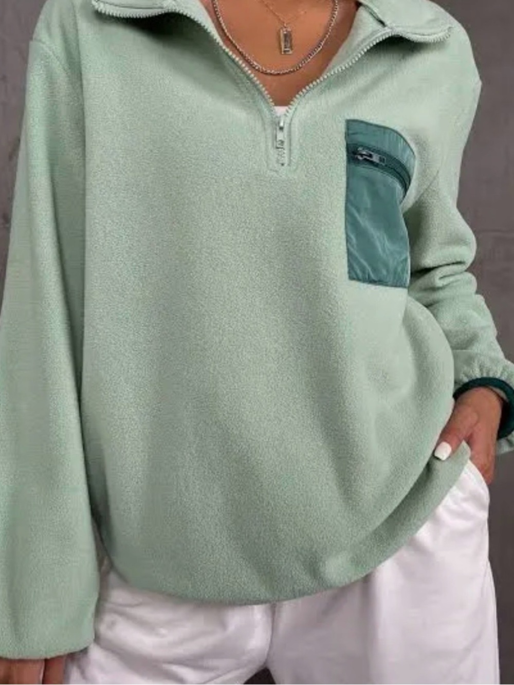 Mint Green Half-Zip Fleece Pullover with Contrast Pocket